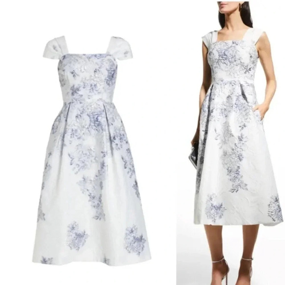 Teri Jon Dress Fit & Flare White Blue Floral Jacquard Cocktail 229240 Wedding